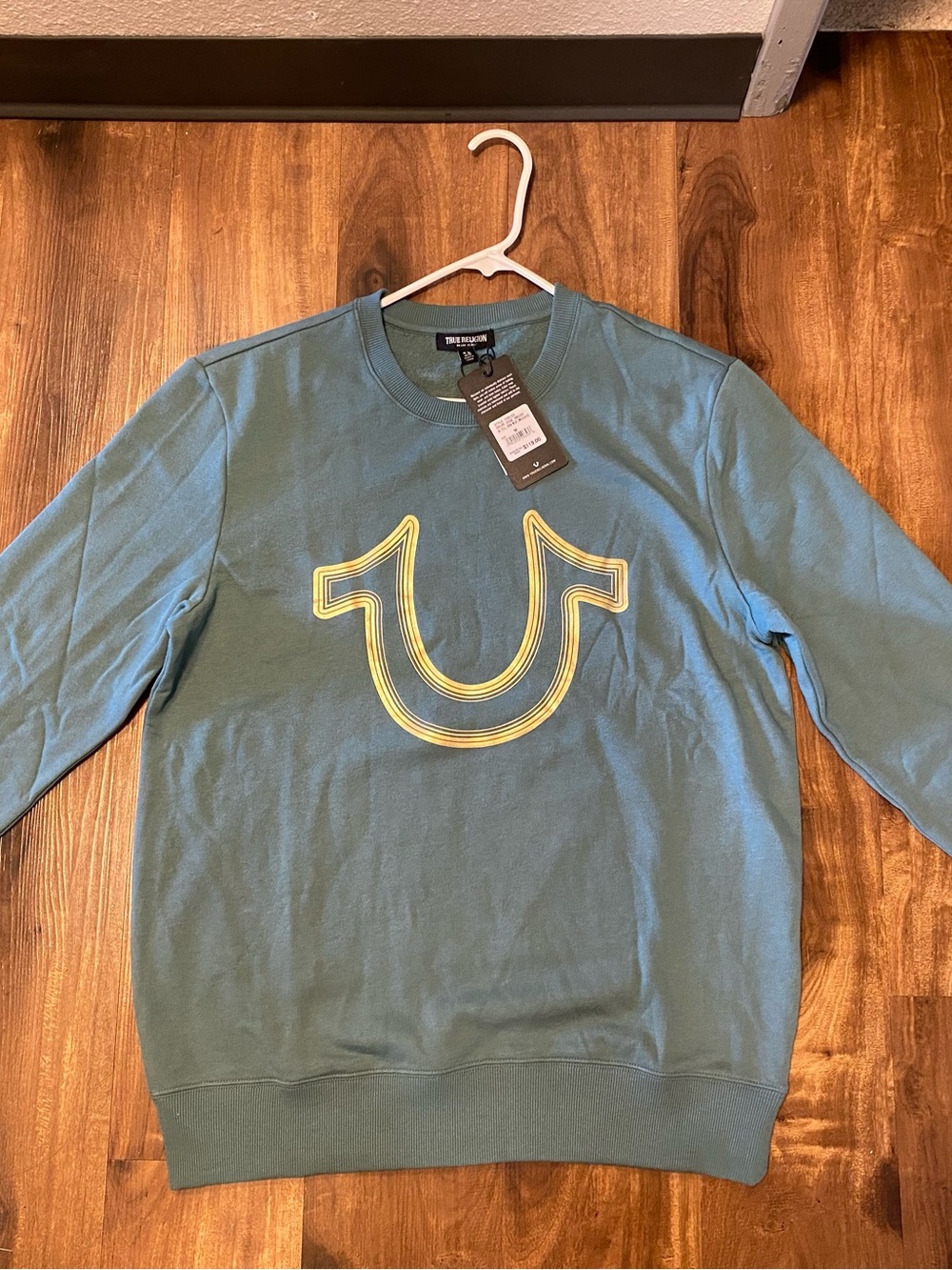 True Religion Teal Crewneck Sweater with Yellow Logo